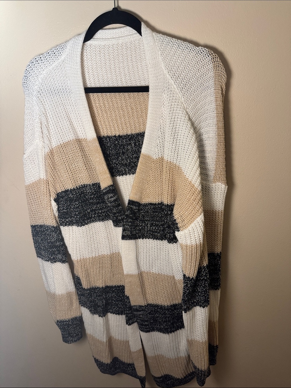 Striped Open-Front Knit Cardigan - Cream, Tan & Black